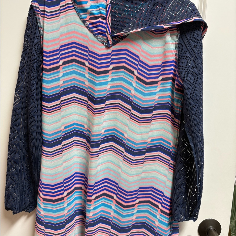 Title Nine Blue Crochet Coverup with Multicolor Hood